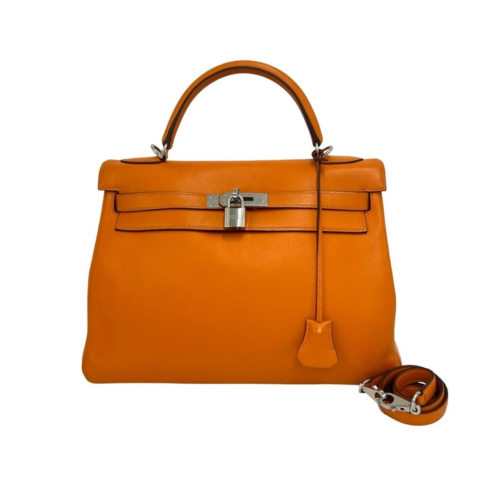 HERMES Kelly 35 Chevre Leather 2-way Handbag/Shoulder Bag Orange 629-8